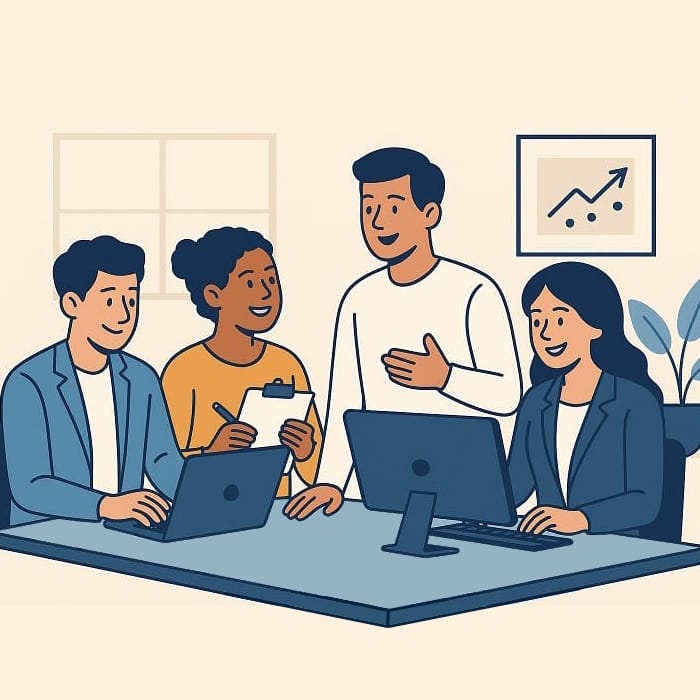 Ilustración digital de un equipo colaborando en un entorno profesional