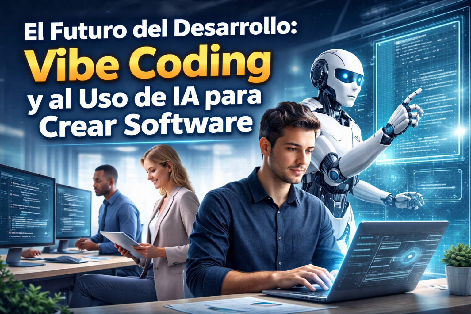 El futuro del desarrollo de software con Vibe Coding e inteligencia artificial Profesionales utilizando inteligencia artificial y Vibe Coding para el desarrollo de software en un entorno empresarial moderno